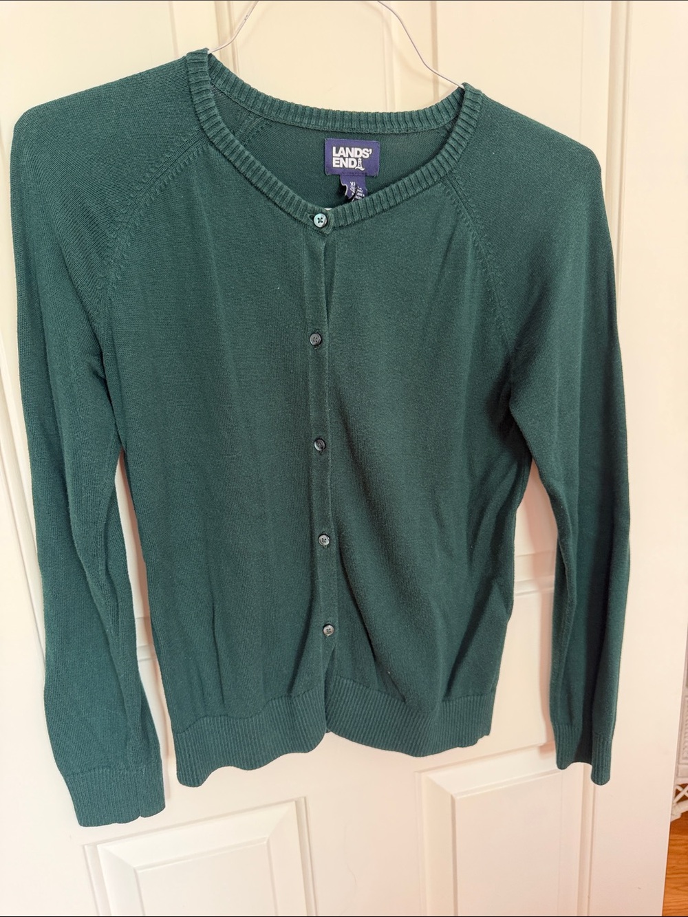 Lands' End Women's Forest Green Button-Front Crewneck Cardigan